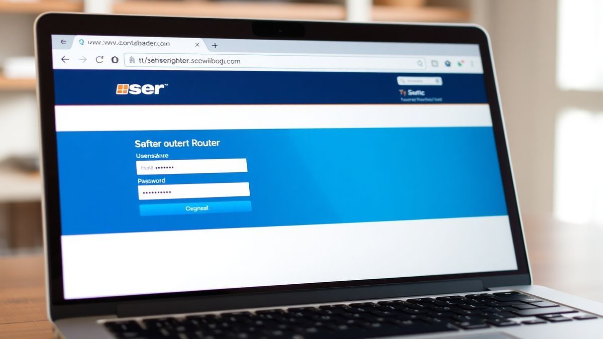 STC router admin login page displayed in a web browser on a laptop, showing username and password fields