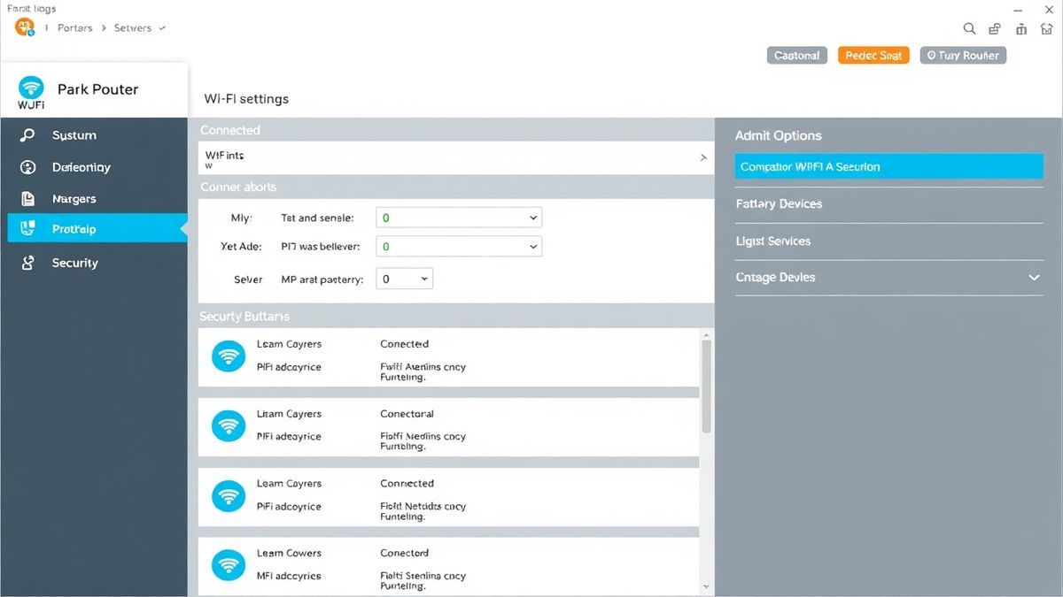 Router admin dashboard interface showing WiFi settings, connected devices list, and security options, user-friendly design