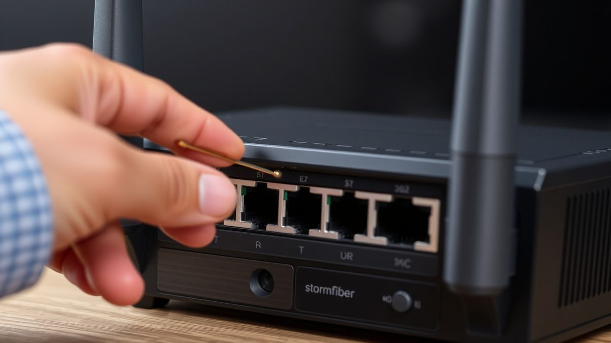 Person using a paperclip to press the reset button on the back of a StormFiber router, troubleshooting concept