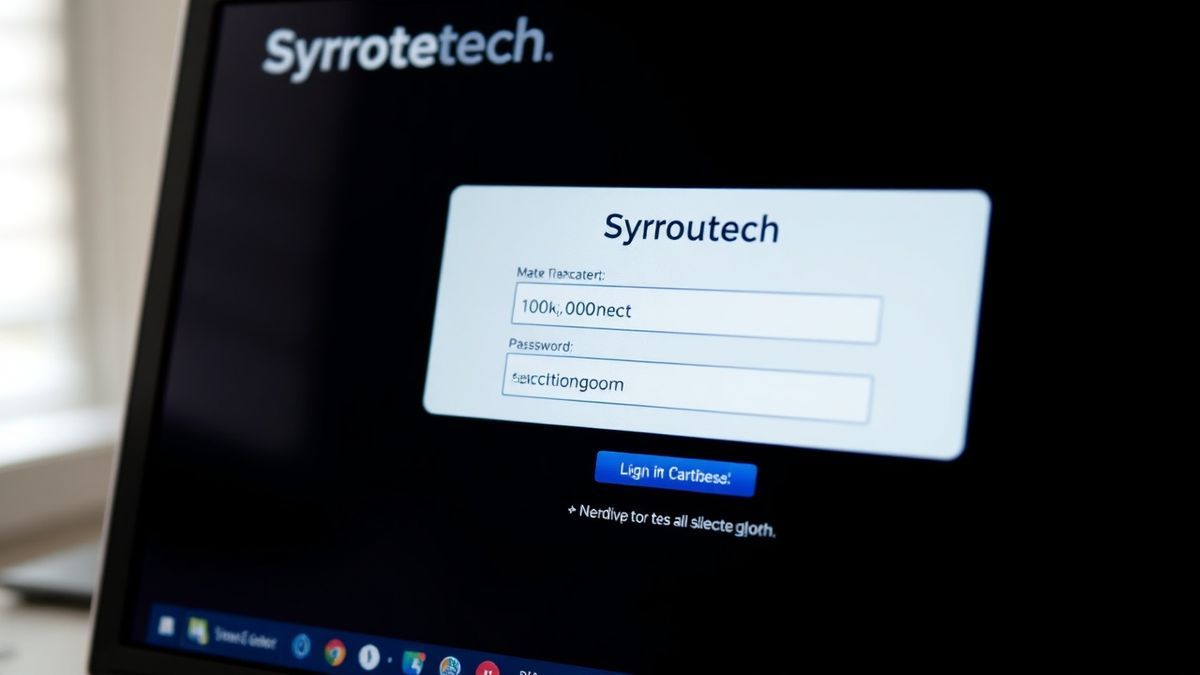 close-up view of a Syrotech router login page on a computer screen, showing username and password fields