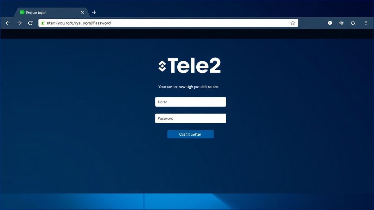 a clean browser window showing the Tele2 router admin dashboard login page, with fields for username and password, modern tech style