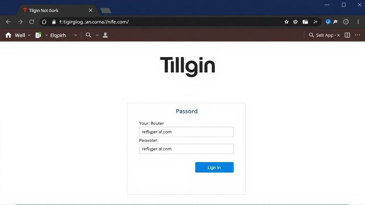 A screenshot showing the Tilgin router admin login page in a web browser, with fields for username and password