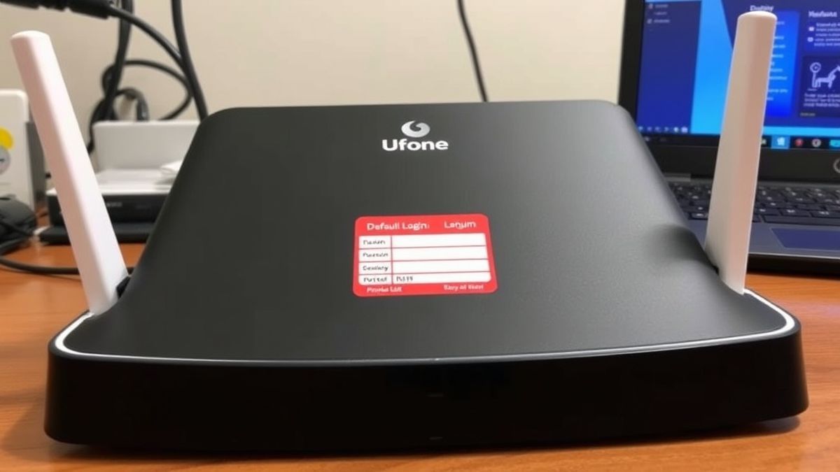 A modern Ufone 4G router device placed on a desk, showing its back panel with a default login sticker