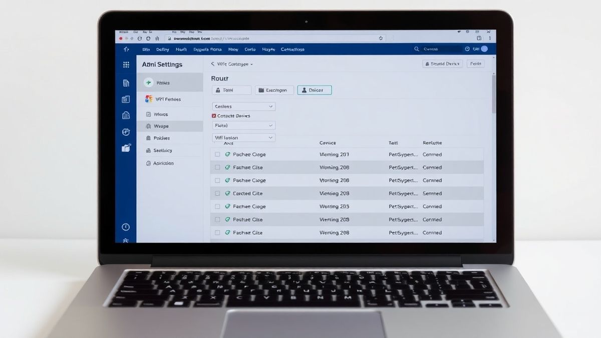 router admin dashboard interface showing wifi settings and connected devices list on a laptop screen