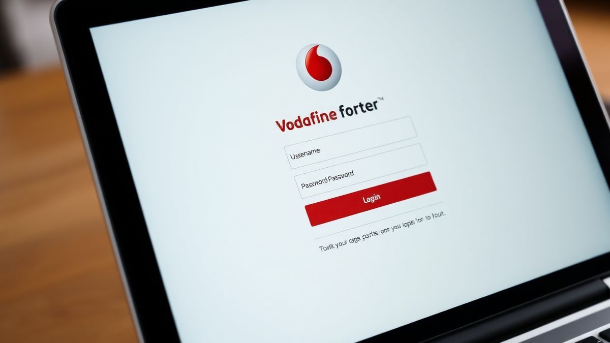 a close-up of a laptop screen showing the Vodafone router login page with username and password fields, clear and modern interface