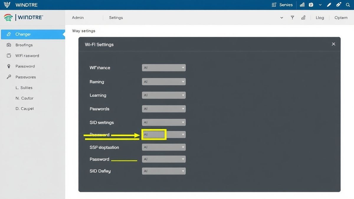 A screenshot of the WINDTRE router admin dashboard, highlighting the WiFi settings menu where you can change SSID and password.
