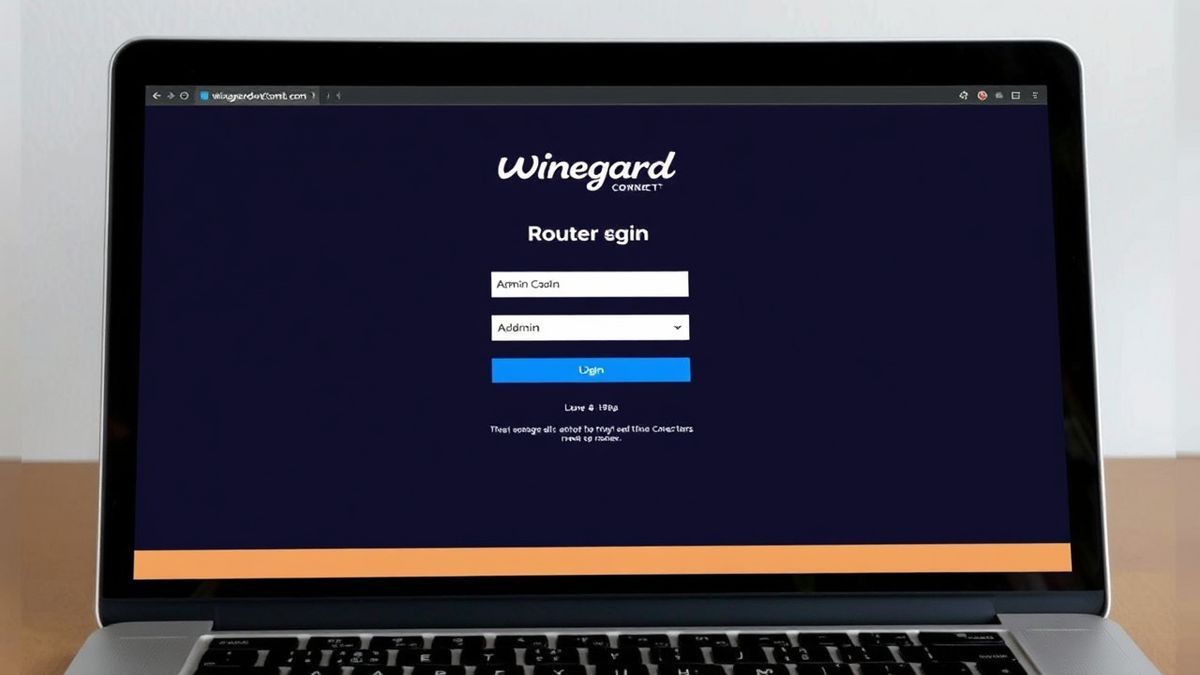 Winegard ConnecT router login page displayed on a laptop browser, showing admin/admin fields