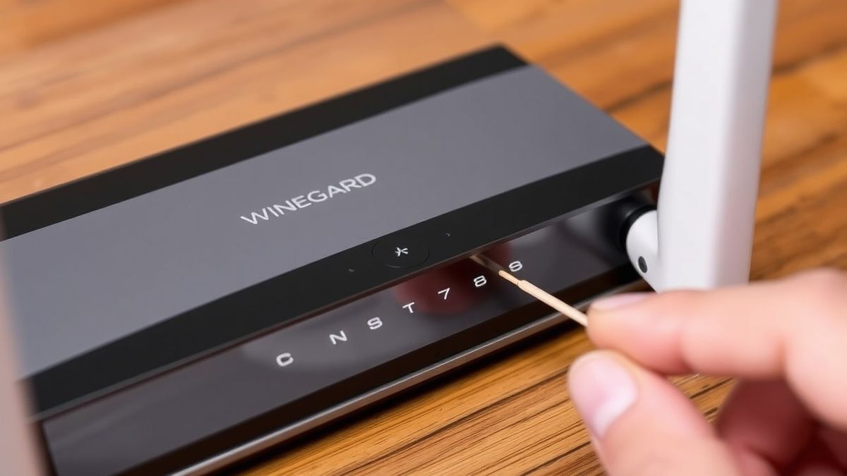Person using a paperclip to press the reset button on a Winegard ConnecT router