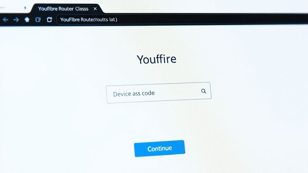 a close-up screenshot of a browser window showing the YouFibre router login page, with a field for the device access code and a continue button