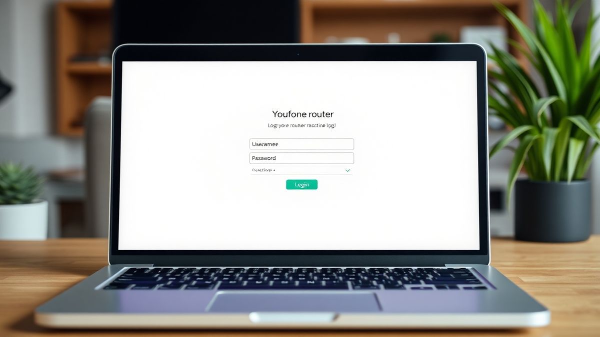 A laptop screen displaying the Youfone router login page with username and password fields in a modern home office setting