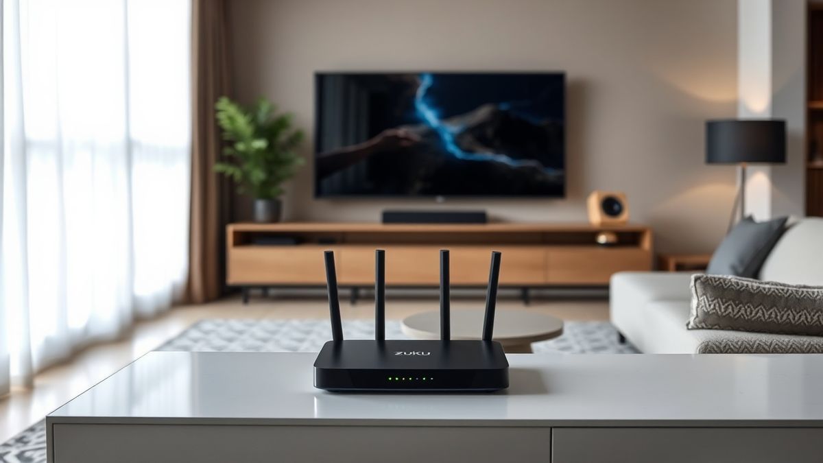 Zuku router device placed in a modern living room, sleek design, subtle network lights