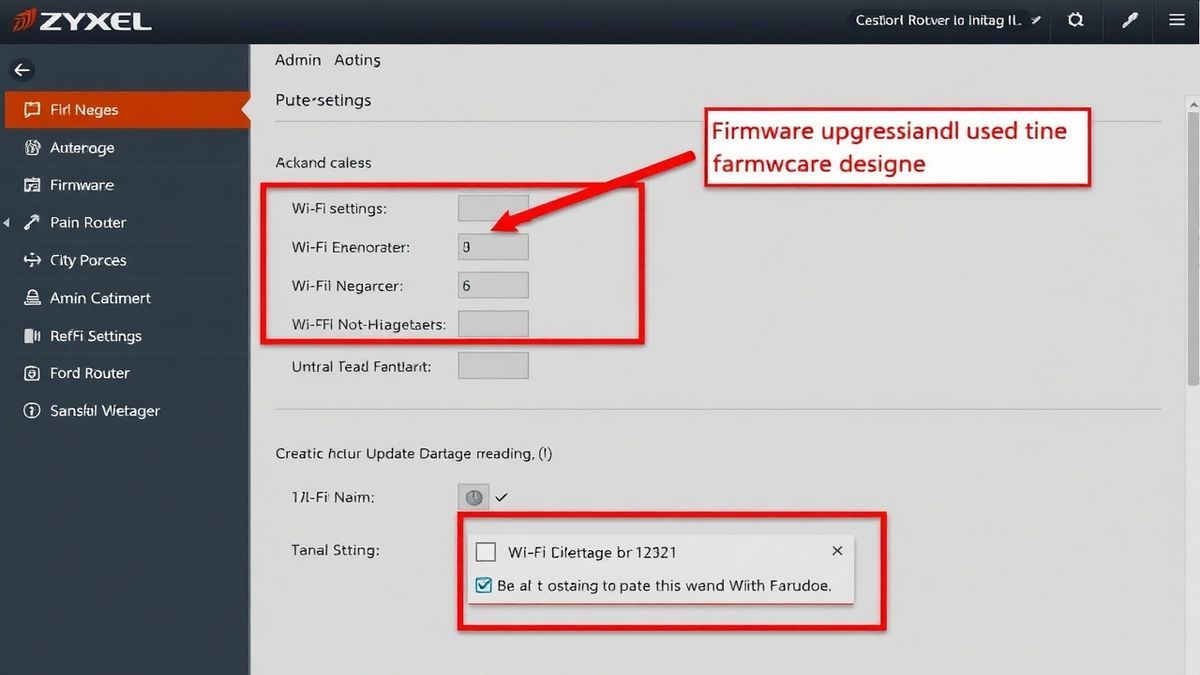 A screenshot of a Zyxel router admin dashboard, highlighting the Wi-Fi settings and firmware update sections.